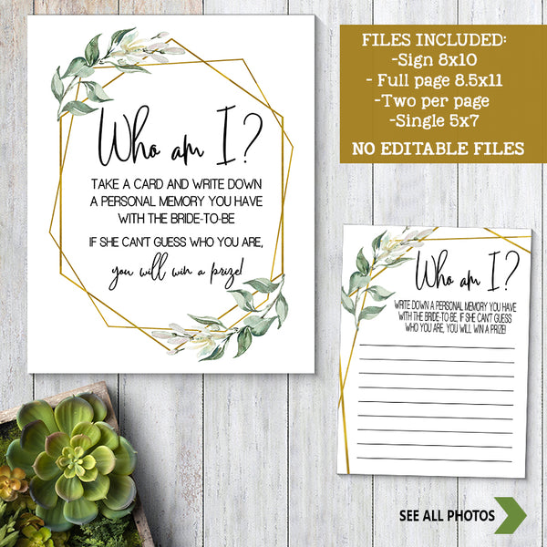 Who I am? Bridal Shower Game, Ready to Print, greenery gold geometric G 107-16