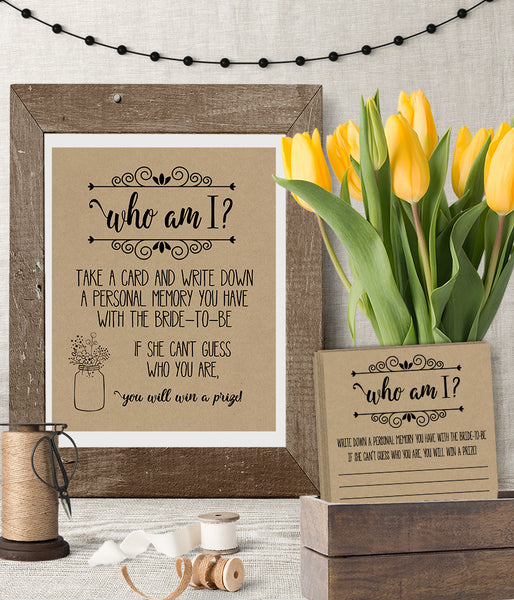 Who I am? Bridal Shower Game, Ready to Print, rustic country chic kraft back G 101-16