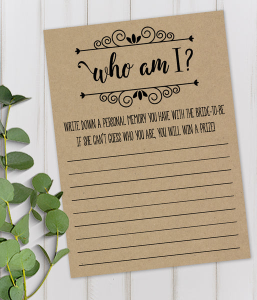 Who I am? Bridal Shower Game, Ready to Print, rustic country chic kraft back G 101-16