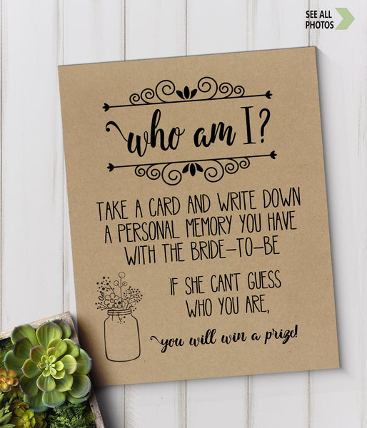 Who I am? Bridal Shower Game, Ready to Print, rustic country chic kraft back G 101-16