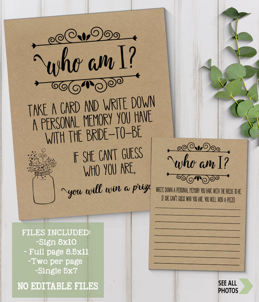 Who I am? Bridal Shower Game, Ready to Print, rustic country chic kraft back G 101-16