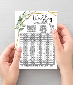 Wedding word search bridal shower game, Ready to Print, greenery gold geometric G 107-19