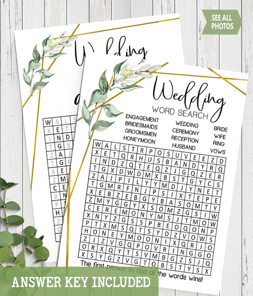 Wedding word search bridal shower game, Ready to Print, greenery gold geometric G 107-19