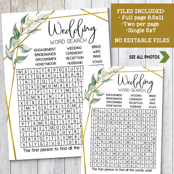 Wedding word search bridal shower game, Ready to Print, greenery gold geometric G 107-19