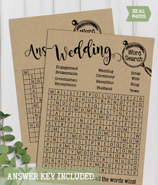 Wedding word search bridal shower game, Ready to Print, rustic country chic kraft back G 101-19