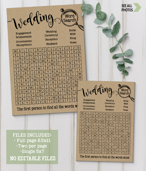 Wedding word search bridal shower game, Ready to Print, rustic country chic kraft back G 101-19