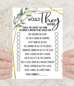 Would They Rather? Bridal Shower game, Ready to Print, greenery gold geometric G 107-20