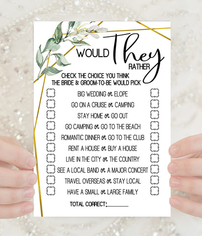 Would They Rather? Bridal Shower game, Ready to Print, greenery gold geometric G 107-20