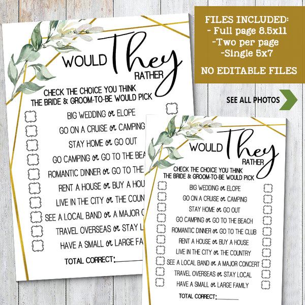 Would They Rather? Bridal Shower game, Ready to Print, greenery gold geometric G 107-20