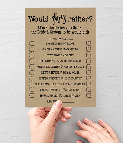 Would They Rather? Bridal Shower game, Ready to Print, rustic country chic kraft back G 101-20