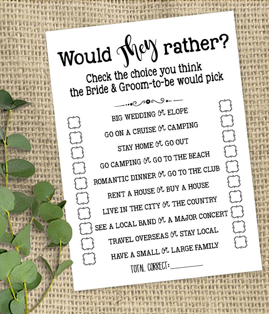 Would They Rather? Bridal Shower game, Ready to Print, simple modern minimalist G 102-20