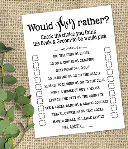 Would They Rather? Bridal Shower game, Ready to Print, simple modern minimalist G 102-20