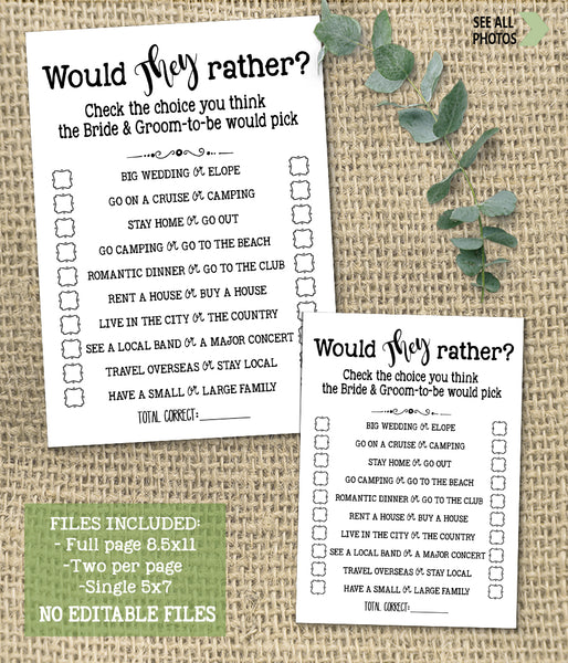 Would They Rather? Bridal Shower game, Ready to Print, simple modern minimalist G 102-20