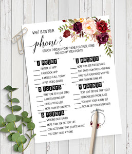 What is on your phone? Bridal Shower game, Ready to Print, marsala floral boho chic G 108-22