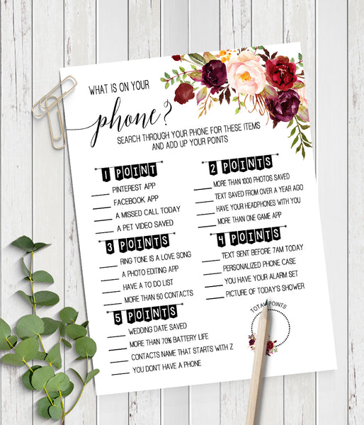 What is on your phone? Bridal Shower game, Ready to Print, marsala floral boho chic G 108-22