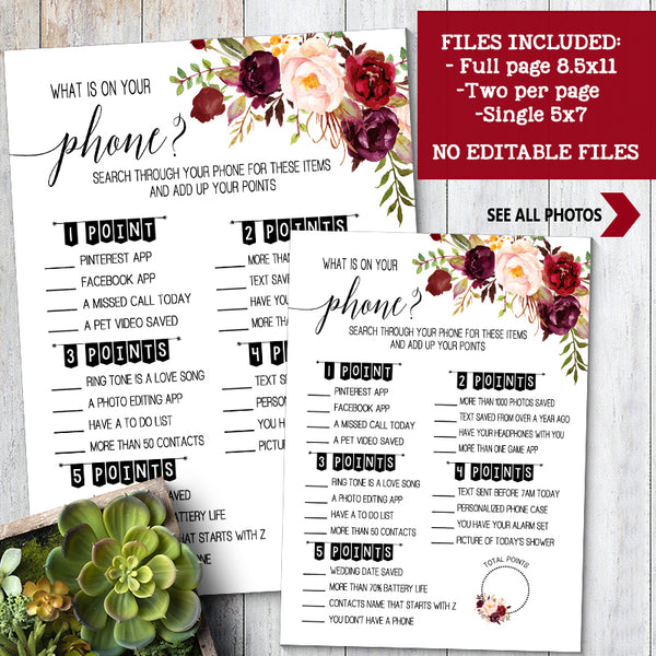 What is on your phone? Bridal Shower game, Ready to Print, marsala floral boho chic G 108-22