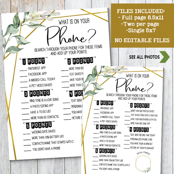 What is on your phone? Bridal Shower game, Ready to Print, greenery gold geometric G 107-22