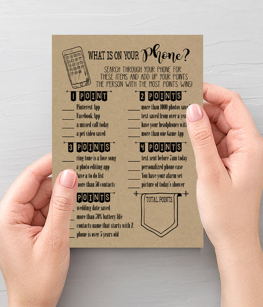 What is on your phone? Bridal Shower game, Ready to Print, rustic country chic G 101-22