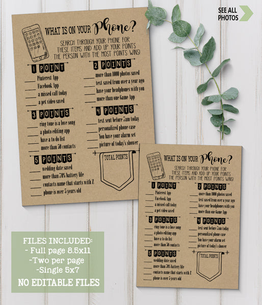 What is on your phone? Bridal Shower game, Ready to Print, rustic country chic G 101-22