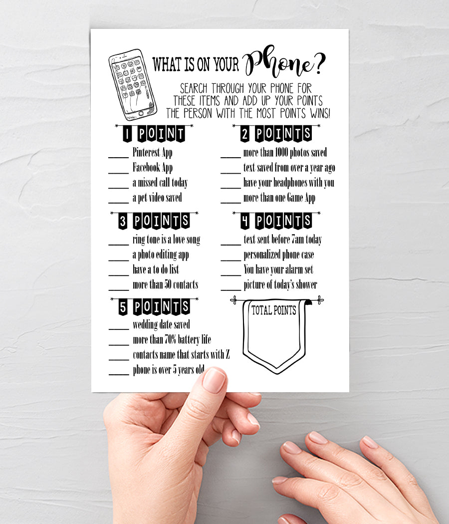 What is on your phone? Bridal Shower game, Ready to Print, simple modern minimalist G 102-22