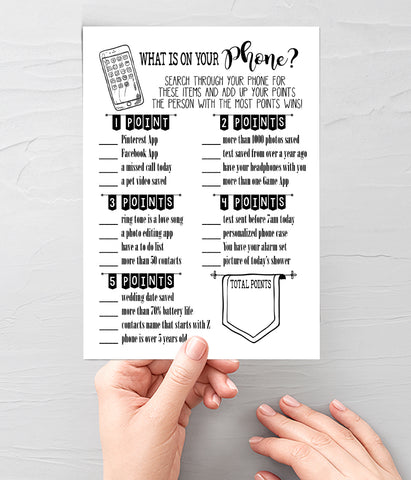 What is on your phone? Bridal Shower game, Ready to Print, simple modern minimalist G 102-22