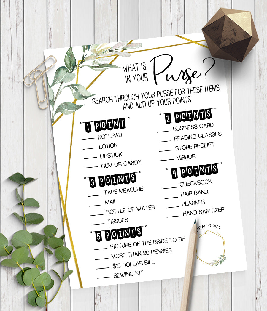 What is in your Purse? Bridal Shower game, Ready to Print, greenery gold geometric G 107-23