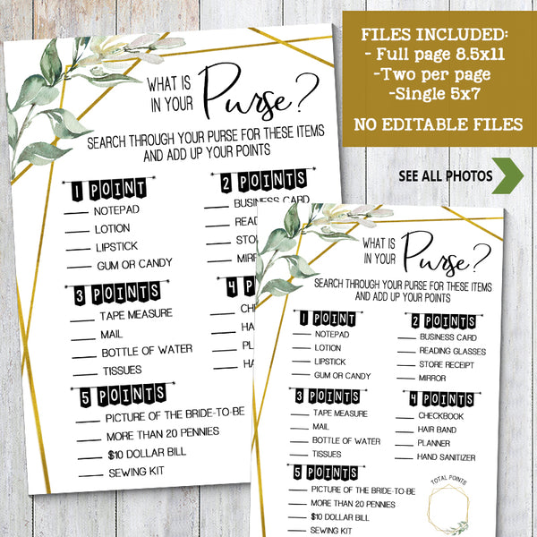 What is in your Purse? Bridal Shower game, Ready to Print, greenery gold geometric G 107-23