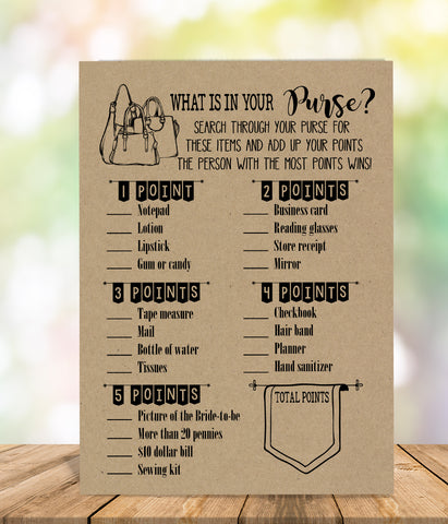 What is in your Purse? Bridal Shower game, Ready to Print, rustic country chic kraft back G 101-23