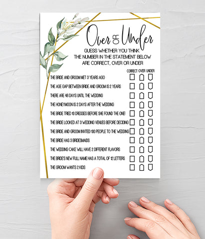 Over or Under Bridal Shower, Ready to Print, greenery gold geometric G 107-24