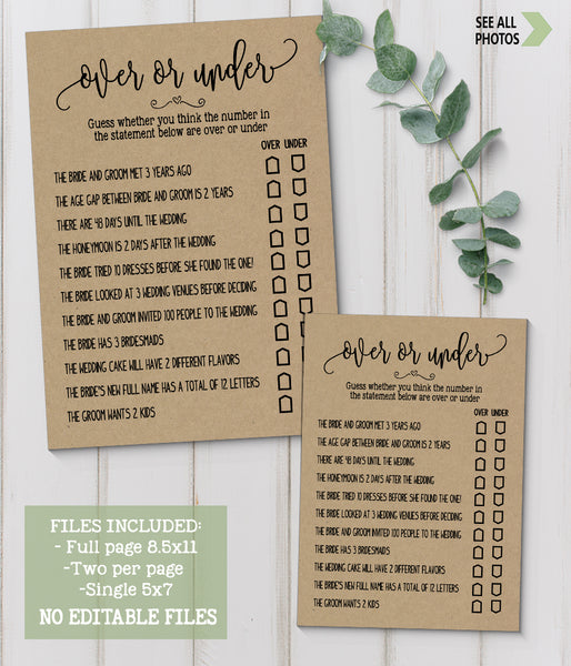 Over or Under Bridal Shower, Ready to Print, rustic country chic kraft back G 101-24