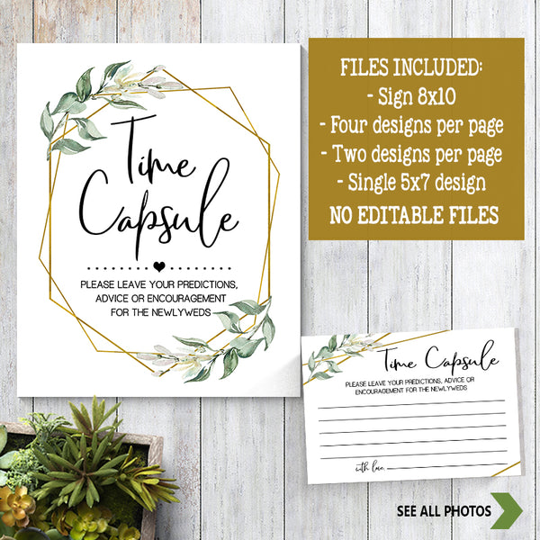 Time Capsule advice card Bridal Shower Game, Ready to Print, greenery gold geometric G 107-34