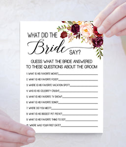 What did the Bride Say Bridal Shower game, Ready to Print, marsala floral boho chic G 108-26