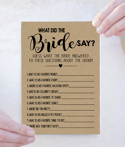 What did the Bride Say Bridal Shower game, Ready to Print, rustic country chic kraft back G 101-26