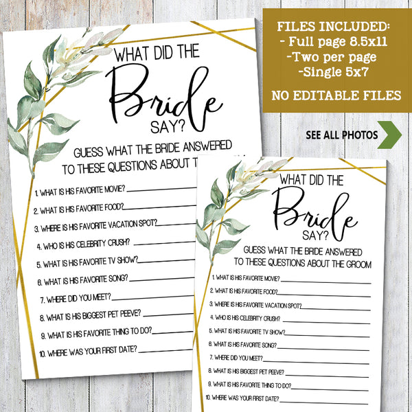 What did the Bride Say Bridal Shower game, Ready to Print, greenery gold geometric G 107-26