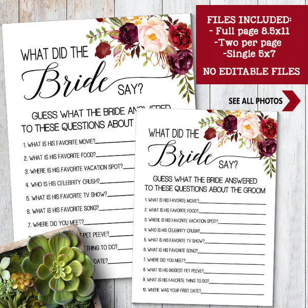 What did the Bride Say Bridal Shower game, Ready to Print, marsala floral boho chic G 108-26