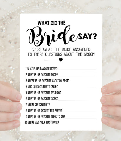 What did the Bride Say Bridal Shower game, Ready to Print, modern simple minimalist G 102-26