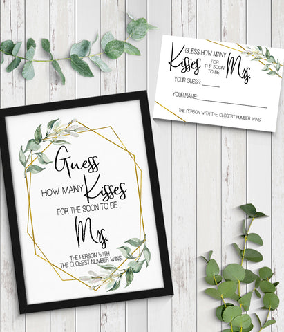 How many Kisses for the soon to be Mrs Bridal Shower Game, Ready to Print, greenery gold geometric G 107-27