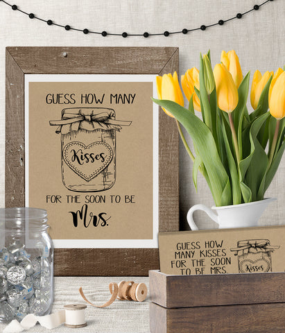 How many Kisses for the soon to be Mrs Bridal Shower Game, Ready to Print, rustic country chic kraft back G 101-27