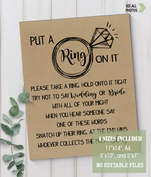 Put a Ring on it Bridal Shower Game, Ready to Print, Rustic country chic kraft back G 101-28