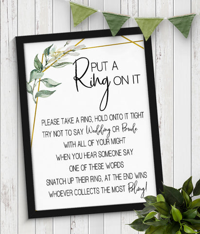 Put a Ring on it Bridal Shower Game, Ready to Print, greenery gold geometric G 107-28