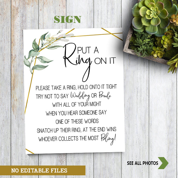 Put a Ring on it Bridal Shower Game, Ready to Print, greenery gold geometric G 107-28