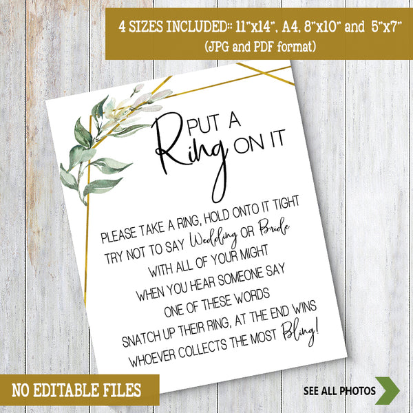 Put a Ring on it Bridal Shower Game, Ready to Print, greenery gold geometric G 107-28