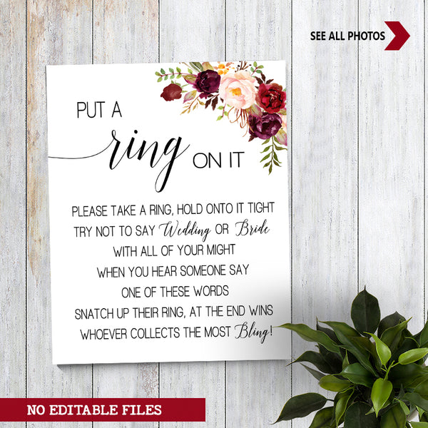 Put a Ring on it Bridal Shower Game, Ready to Print, marsala floral boho chic G 108-28