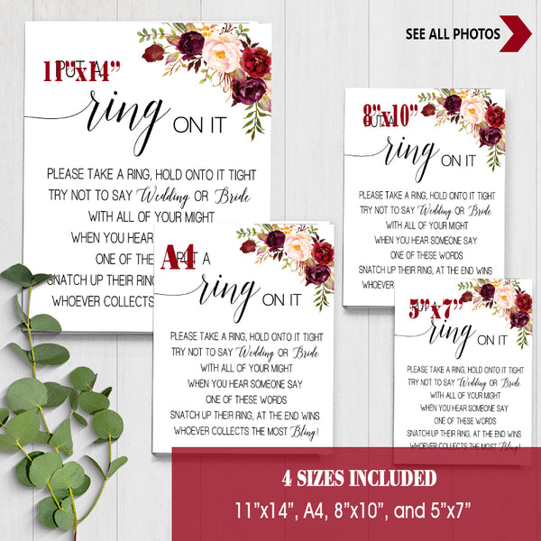 Put a Ring on it Bridal Shower Game, Ready to Print, marsala floral boho chic G 108-28