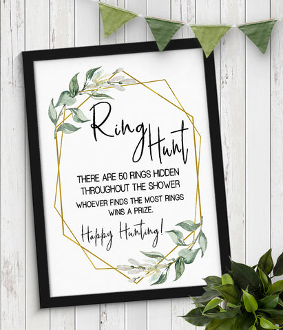 Ring Hunt Bridal Shower Game, Ready to Print, greenery gold geometric G 107-29