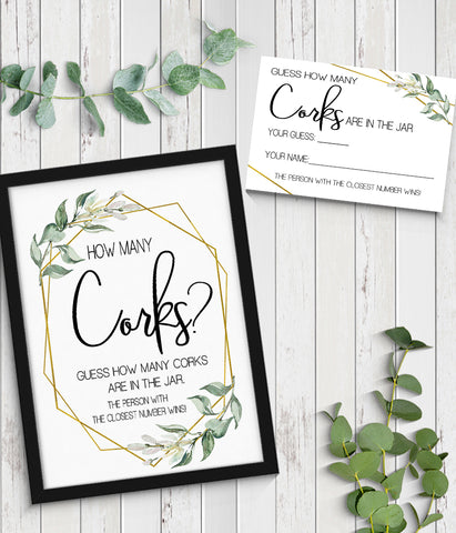 Guess how many corks Bridal Shower Game, Ready to Print, greenery gold geometric G 107-31