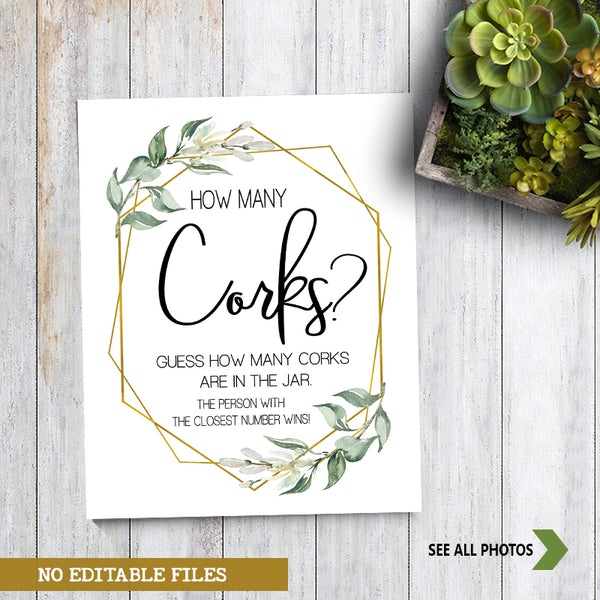 Guess how many corks Bridal Shower Game, Ready to Print, greenery gold geometric G 107-31