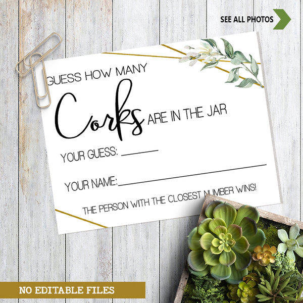 Guess how many corks Bridal Shower Game, Ready to Print, greenery gold geometric G 107-31