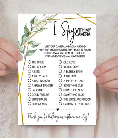 I Spy with my camera Wedding Reception activity game, Ready to Print, greenery gold geometric G 107-37