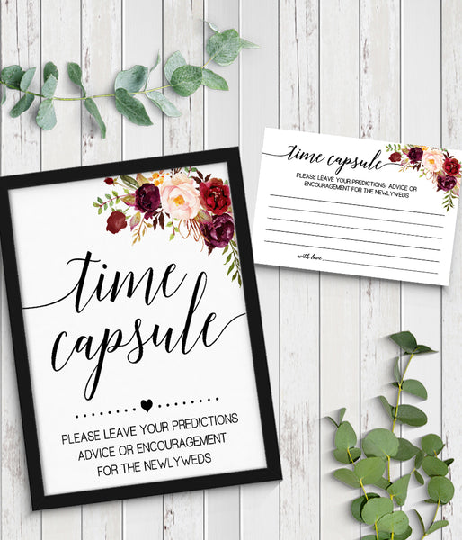 Time Capsule advice card Bridal Shower Game, Ready to Print, marsala floral boho chic G 108-34